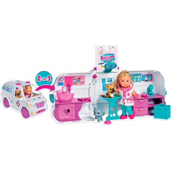Simba Evi Love Doctor Evi 105733488 2-in-1 Animal Mobile, Evi as Veterinarian, Hinged Car, Veterinary Clinic, with Dog, Cat and Accessories